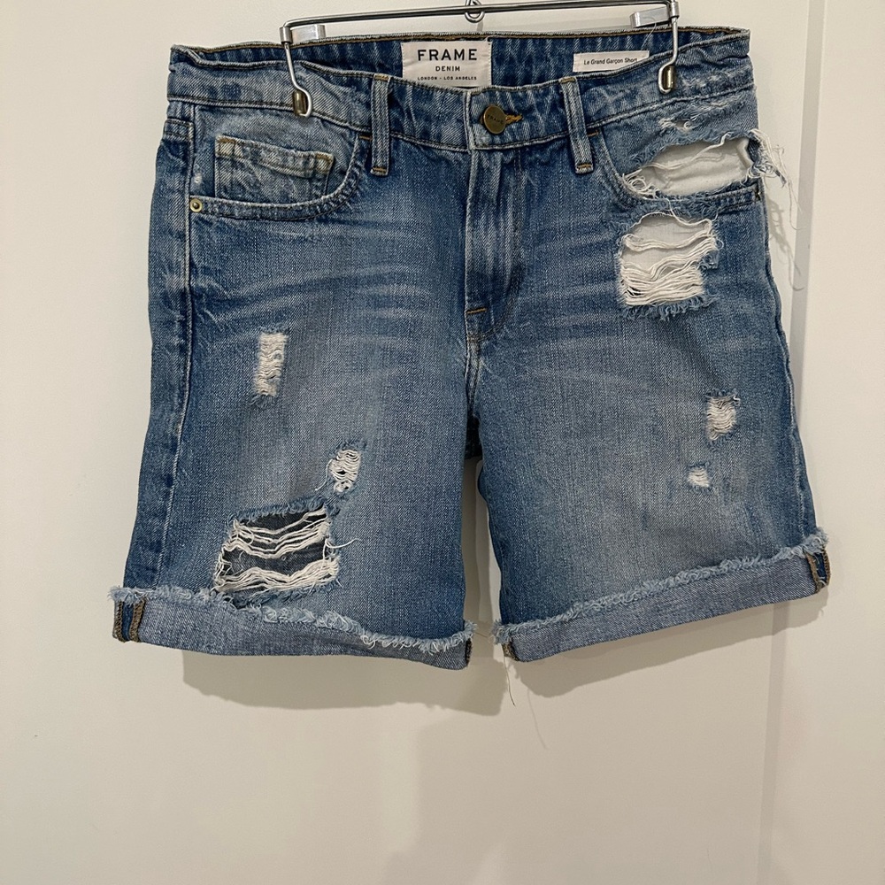 Frame Le Grand Garçon Denim Blue Distressed Jean Shorts